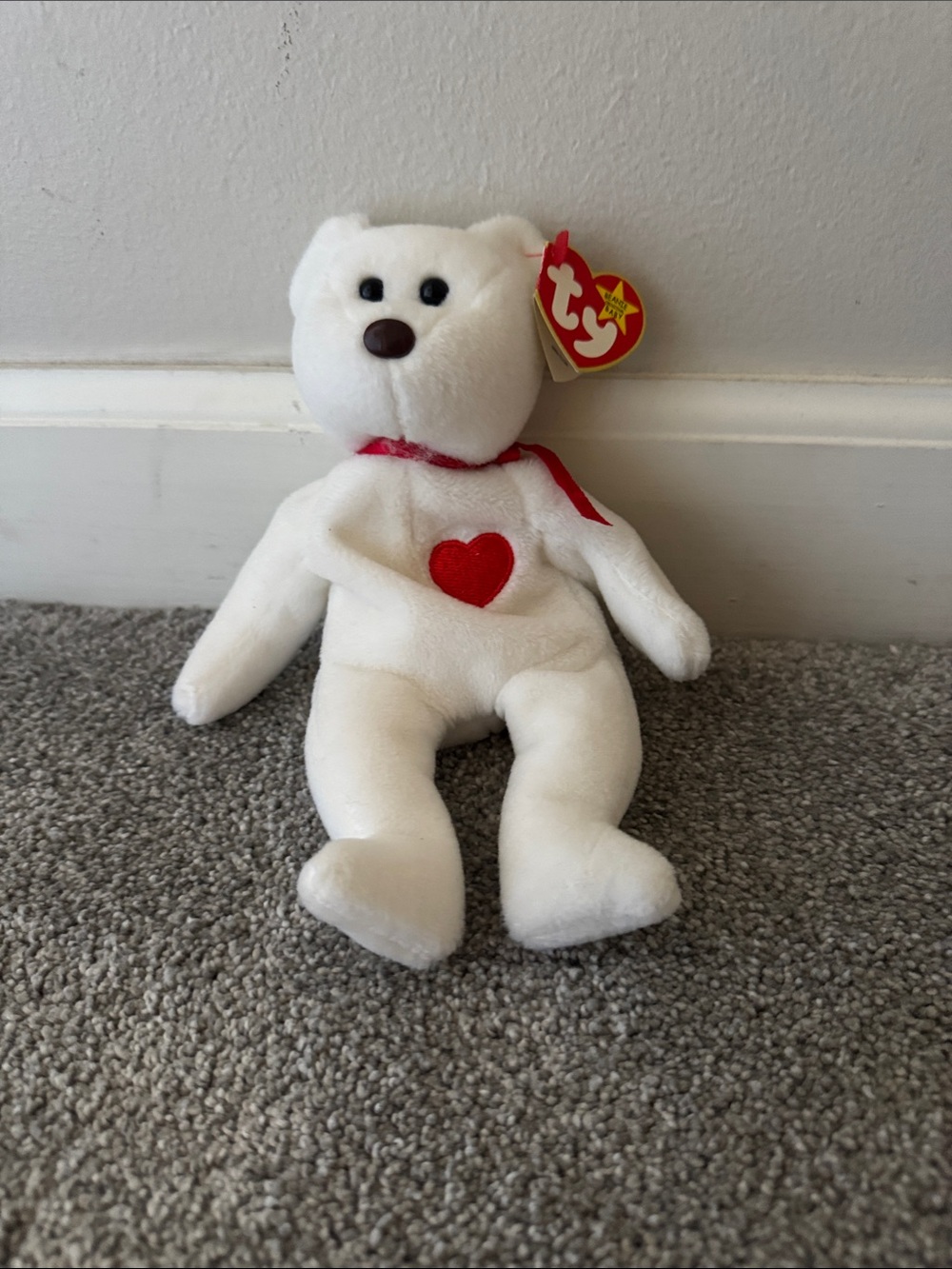 TY Beanie Baby White Bear with Red Heart Plush Toy